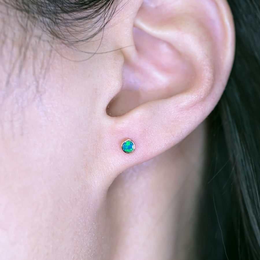 Arts and Crafts Small Round Australian Doublet Opal Stud Earrings 14k Yellow Gold For Sale