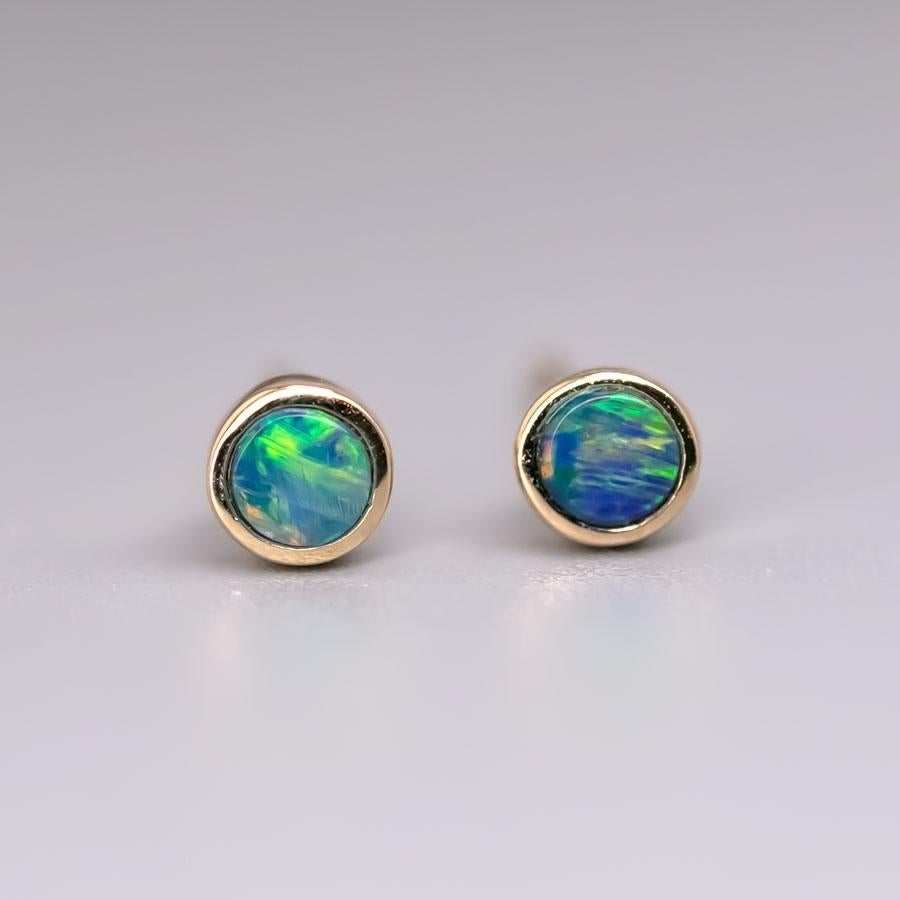 Round Cut Small Round Australian Doublet Opal Stud Earrings 14k Yellow Gold For Sale