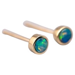 Small Round Australian Doublet Opal Stud Earrings 14k Yellow Gold