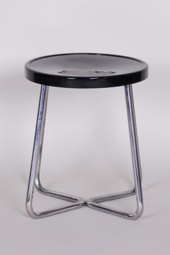 Small Round Bauhaus Black Chrome Stool by Vichr & Spol, Restored, 1930s