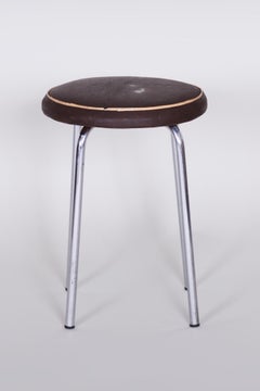 Small Round Bauhaus Chrome Stool by Robert Sezák, Original Leather, 1940s