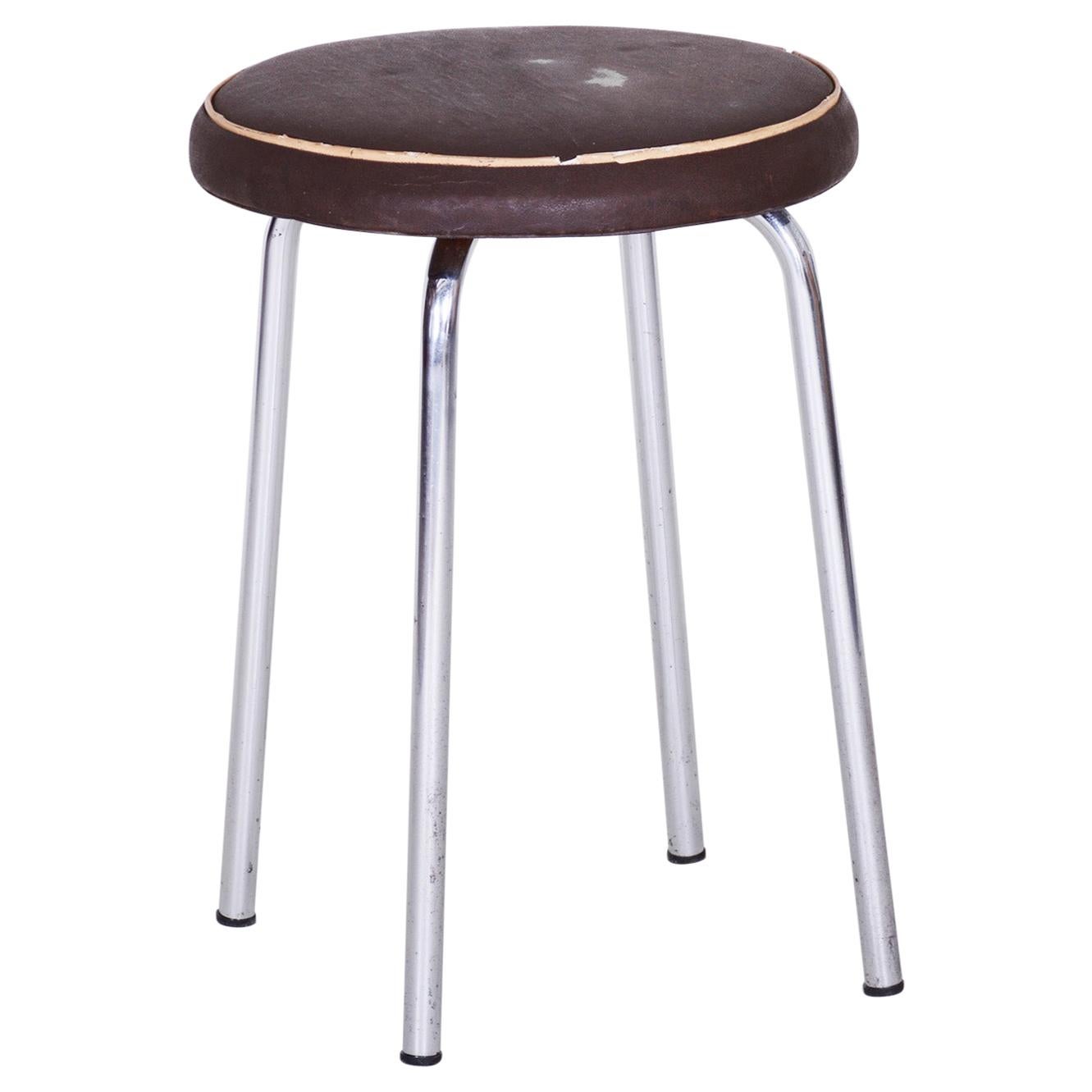 Small Round Bauhaus Chrome Stool by Robert Sezák, Original Leather, 1940s For Sale