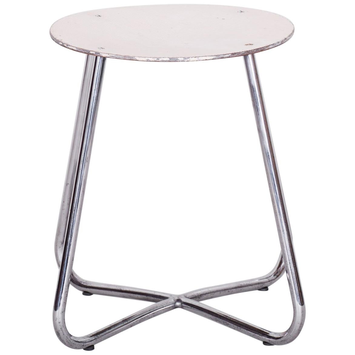 Small Round Bauhaus Chrome Stool by Vichr & Spol, Original Paint, 1930s