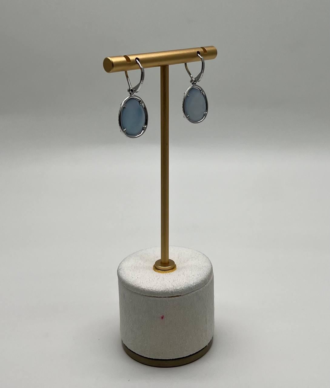 Small Oval Blue Lapis Lazuli Diamonds Halo 14K White Gold Statement Earrings For Sale 5