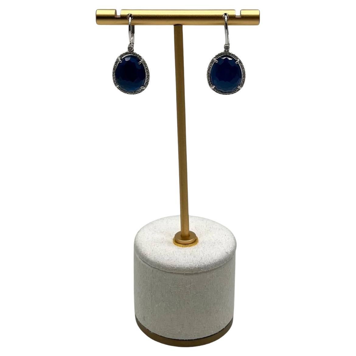 Small Oval Blue Lapis Lazuli Diamonds Halo 14K White Gold Statement Earrings