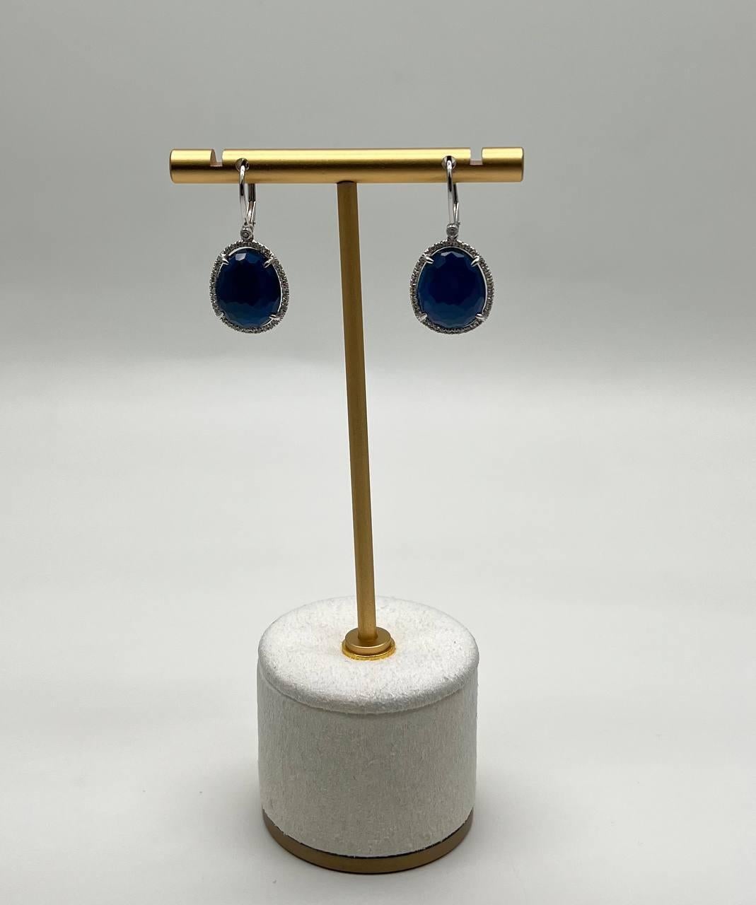 Small Oval Blue Lapis Lazuli Diamonds Halo 14K White Gold Statement Earrings For Sale 7