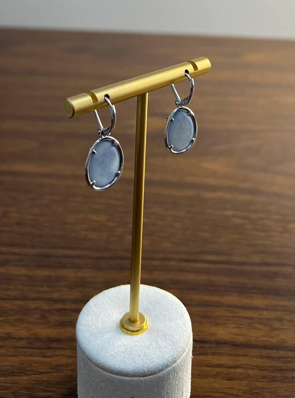 Small Oval Blue Lapis Lazuli Diamonds Halo 14K White Gold Statement Earrings For Sale 8