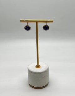 Small Round Blue Lapis Lazuli Diamonds Halo 14K Yellow Gold Statement Earrings