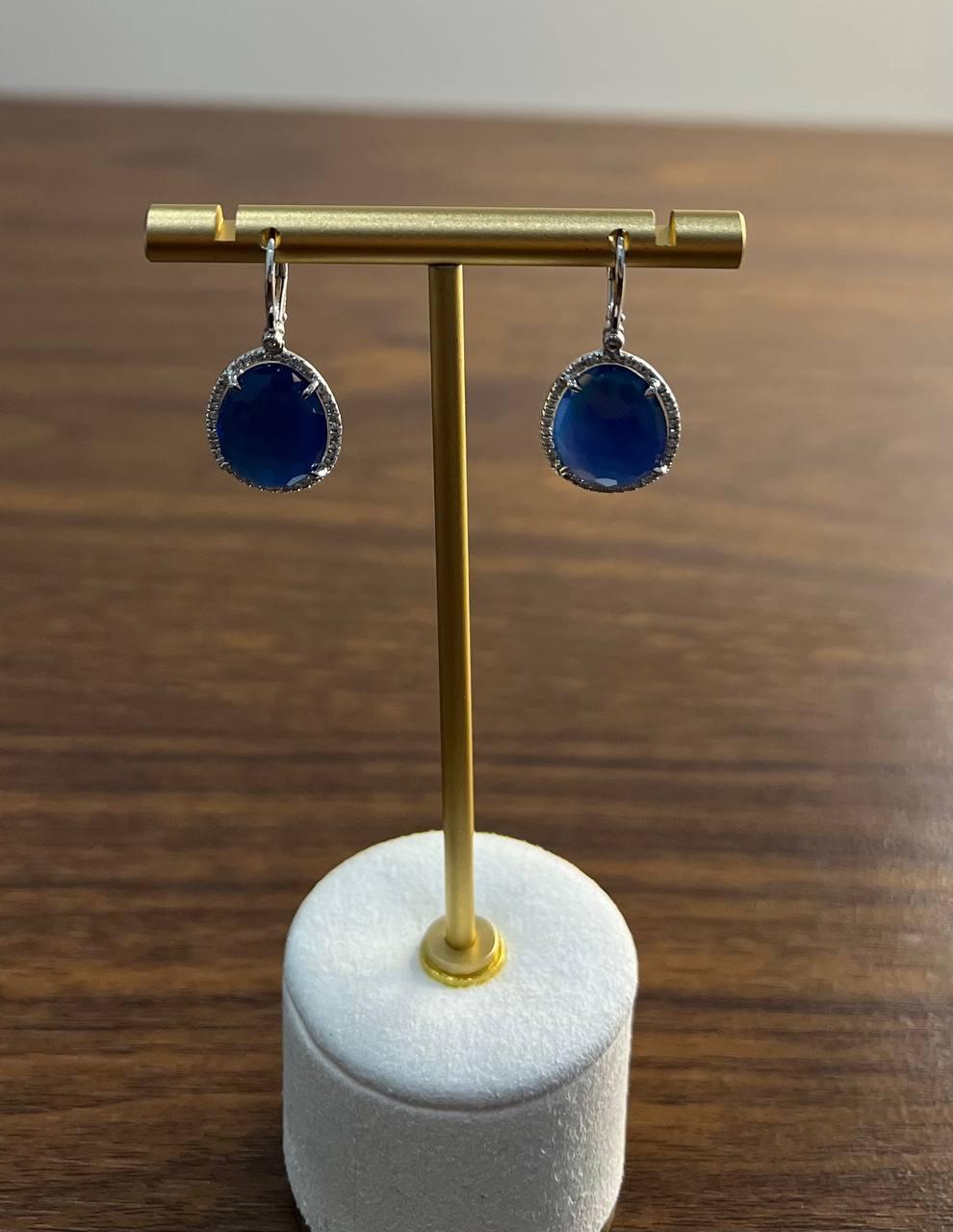 Oval Cut Small Oval Blue Lapis Lazuli Diamonds Halo 14K White Gold Statement Earrings For Sale