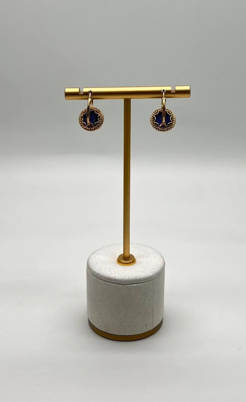 Mixed Cut Small Round Blue Lapis Lazuli Diamonds Halo 14K Yellow Gold Statement Earrings For Sale