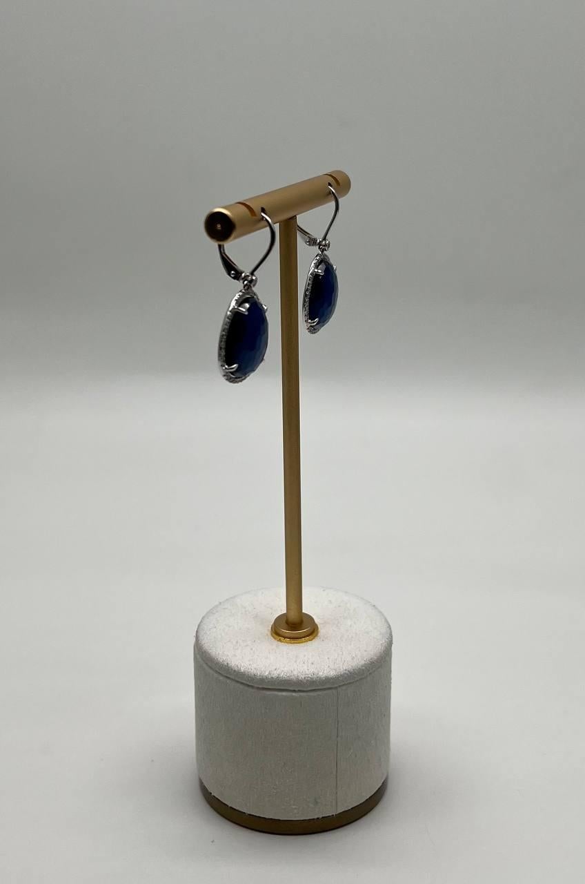 Small Oval Blue Lapis Lazuli Diamonds Halo 14K White Gold Statement Earrings In New Condition For Sale In Oakton, VA