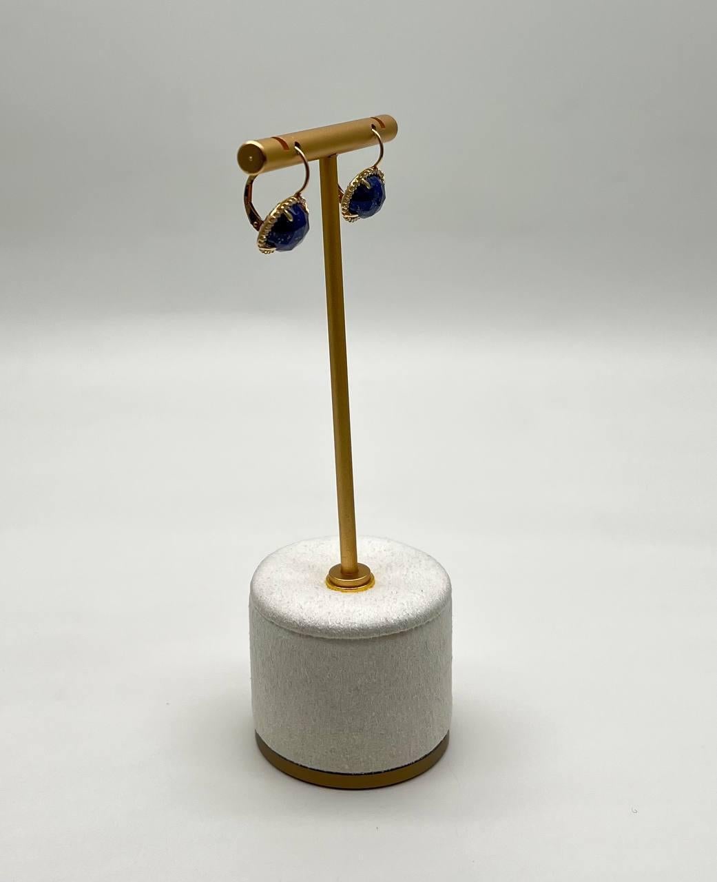 Small Round Blue Lapis Lazuli Diamonds Halo 14K Yellow Gold Statement Earrings In New Condition For Sale In Oakton, VA