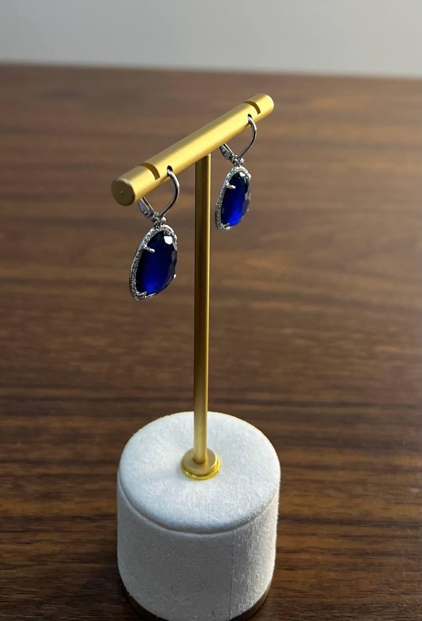 Women's Small Oval Blue Lapis Lazuli Diamonds Halo 14K White Gold Statement Earrings For Sale