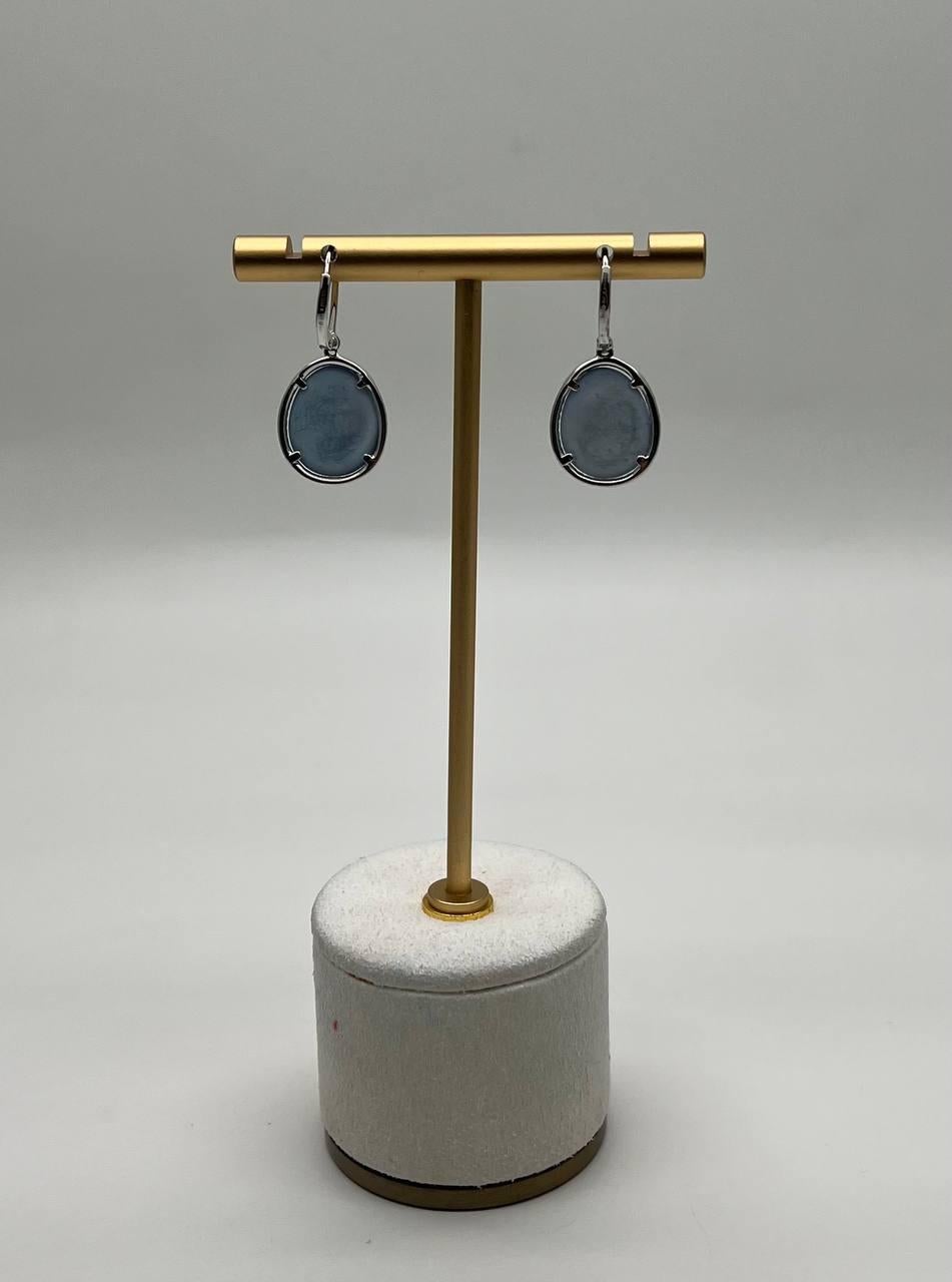 Small Oval Blue Lapis Lazuli Diamonds Halo 14K White Gold Statement Earrings For Sale 1