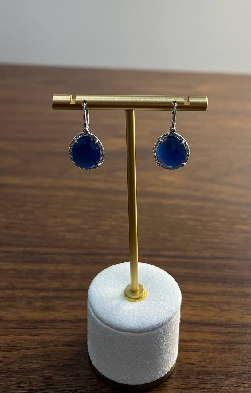 Small Oval Blue Lapis Lazuli Diamonds Halo 14K White Gold Statement Earrings For Sale 2