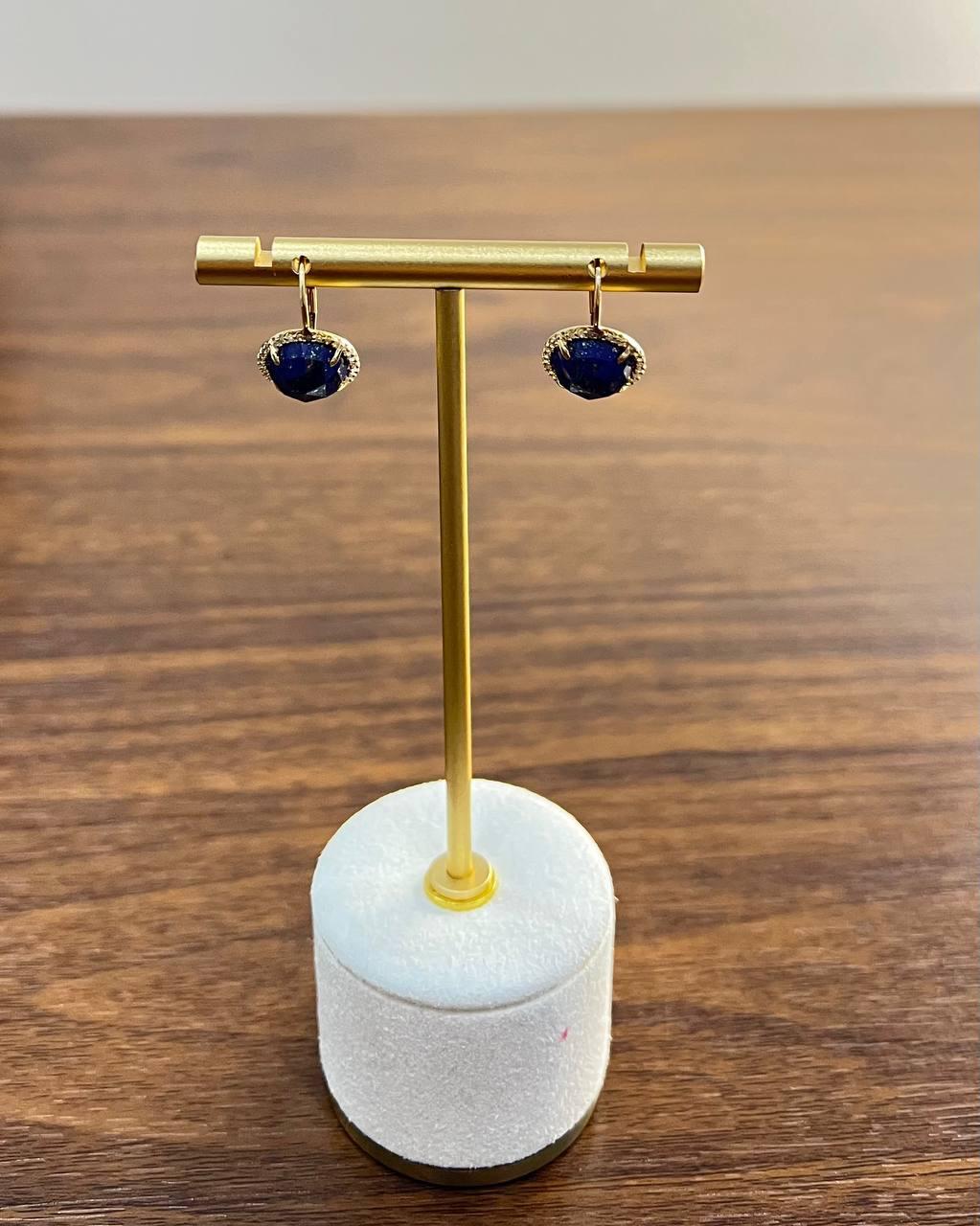 Small Round Blue Lapis Lazuli Diamonds Halo 14K Yellow Gold Statement Earrings For Sale 2