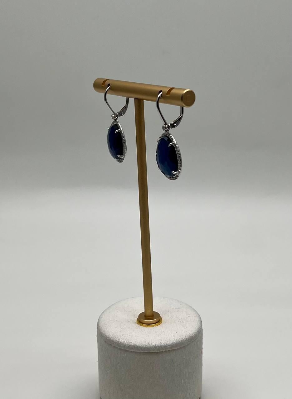 Small Oval Blue Lapis Lazuli Diamonds Halo 14K White Gold Statement Earrings For Sale 3