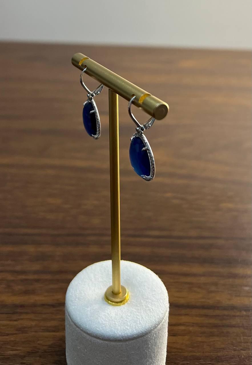Small Oval Blue Lapis Lazuli Diamonds Halo 14K White Gold Statement Earrings For Sale 4