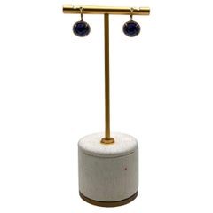 Small Round Blue Lapis Lazuli Diamonds Halo 14K Yellow Gold Statement Earrings