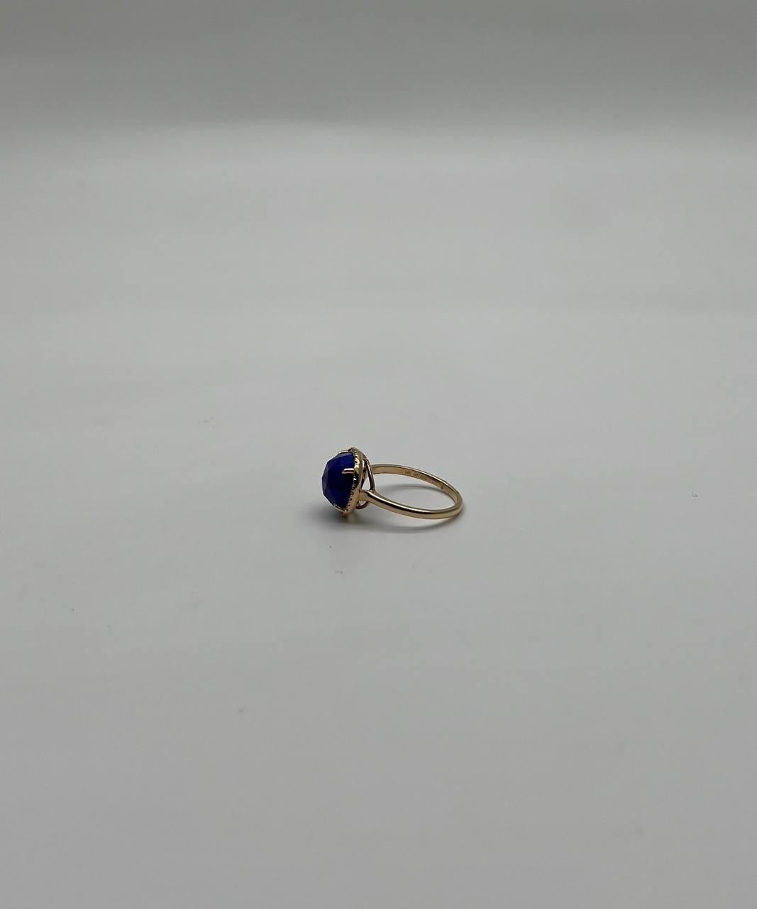 Small Round Blue Lapis Lazuli Diamonds Halo 14K Yellow Gold Statement Ring For Sale 5