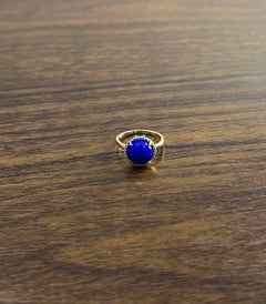 Small Round Blue Lapis Lazuli Diamonds Halo 14K Yellow Gold Statement Ring