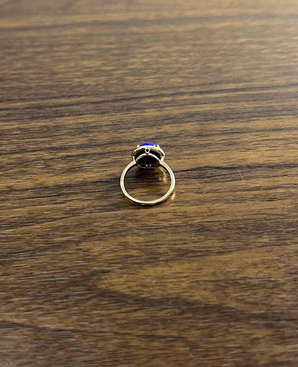 Small Round Blue Lapis Lazuli Diamonds Halo 14K Yellow Gold Statement Ring In New Condition For Sale In Oakton, VA