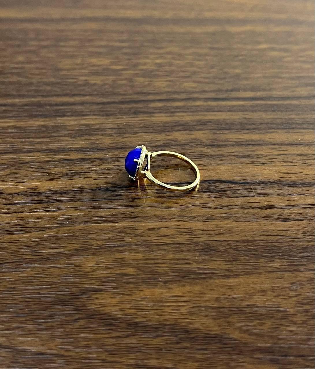 Women's Small Round Blue Lapis Lazuli Diamonds Halo 14K Yellow Gold Statement Ring For Sale