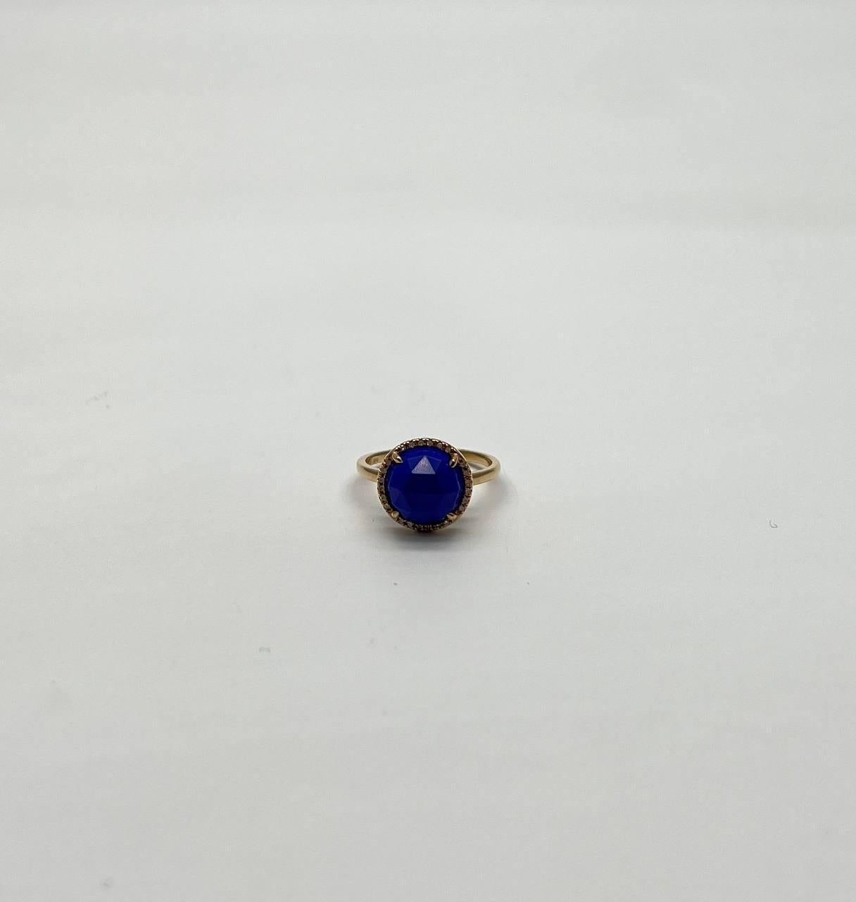 Small Round Blue Lapis Lazuli Diamonds Halo 14K Yellow Gold Statement Ring For Sale 1