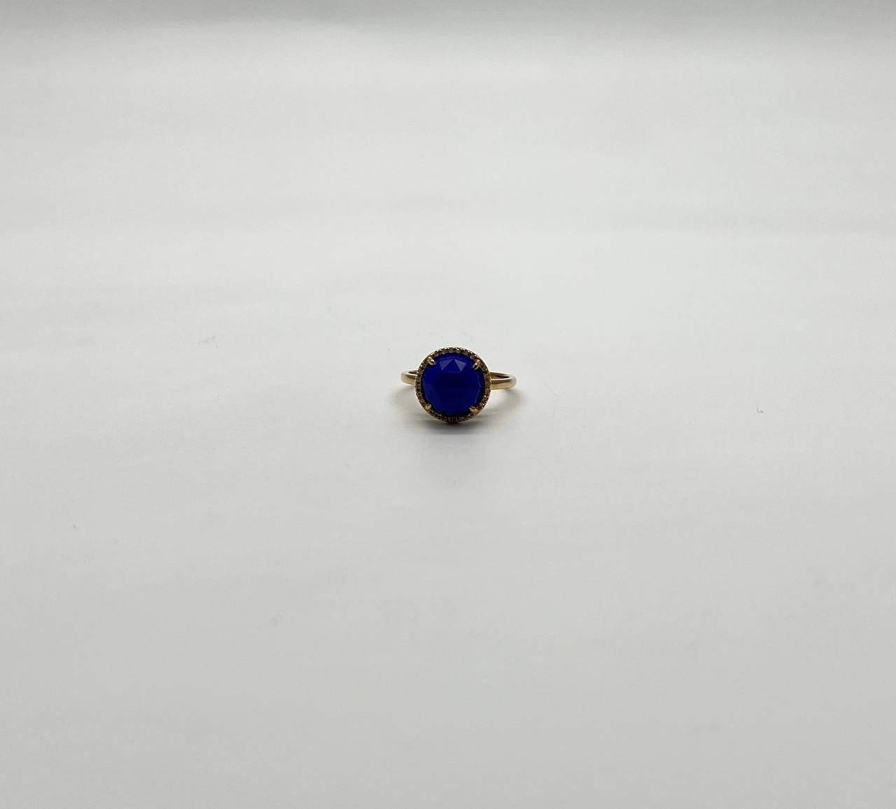 Small Round Blue Lapis Lazuli Diamonds Halo 14K Yellow Gold Statement Ring For Sale 2