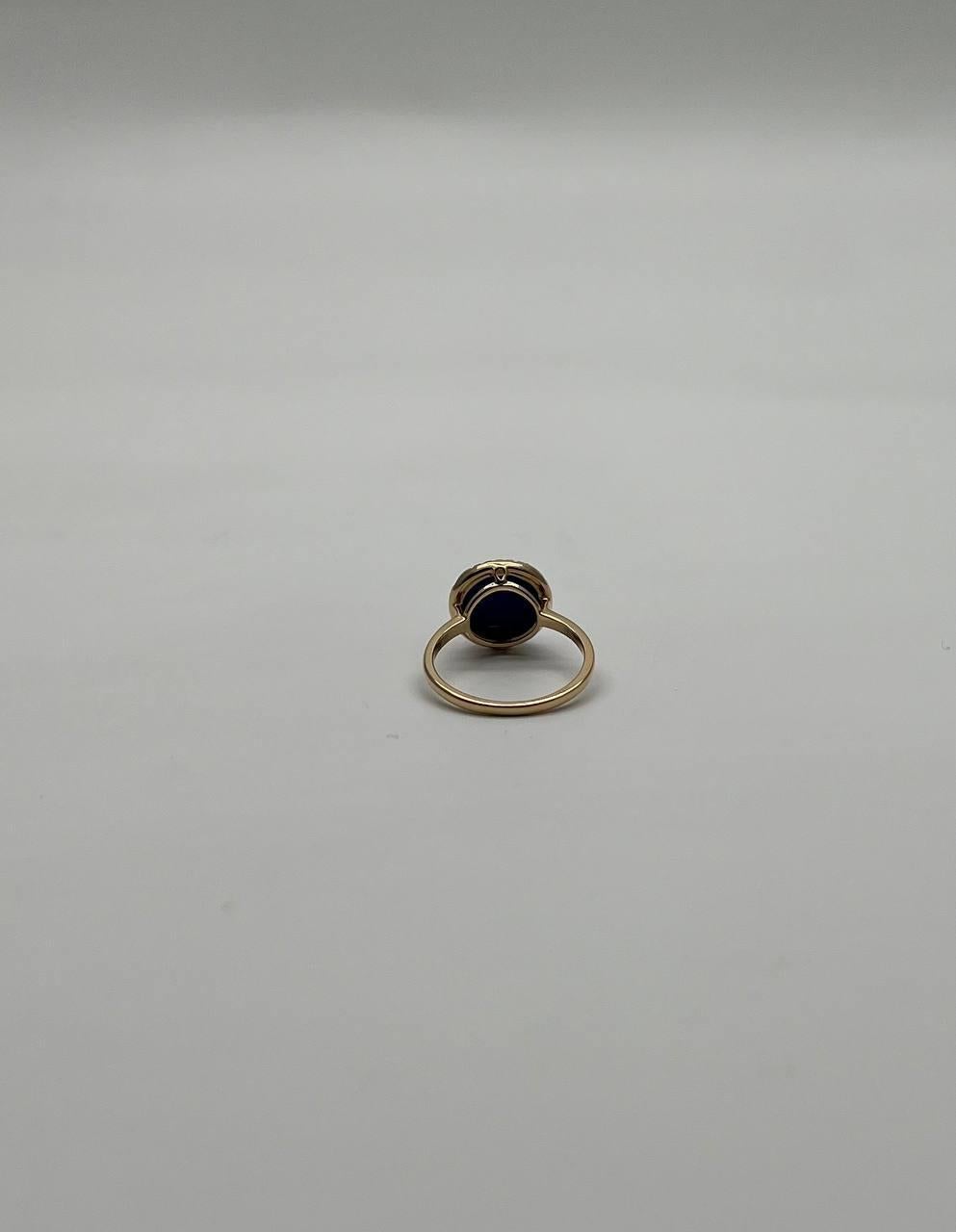 Small Round Blue Lapis Lazuli Diamonds Halo 14K Yellow Gold Statement Ring For Sale 4