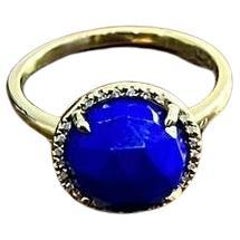 Small Round Blue Lapis Lazuli Diamonds Halo 14K Yellow Gold Statement Ring