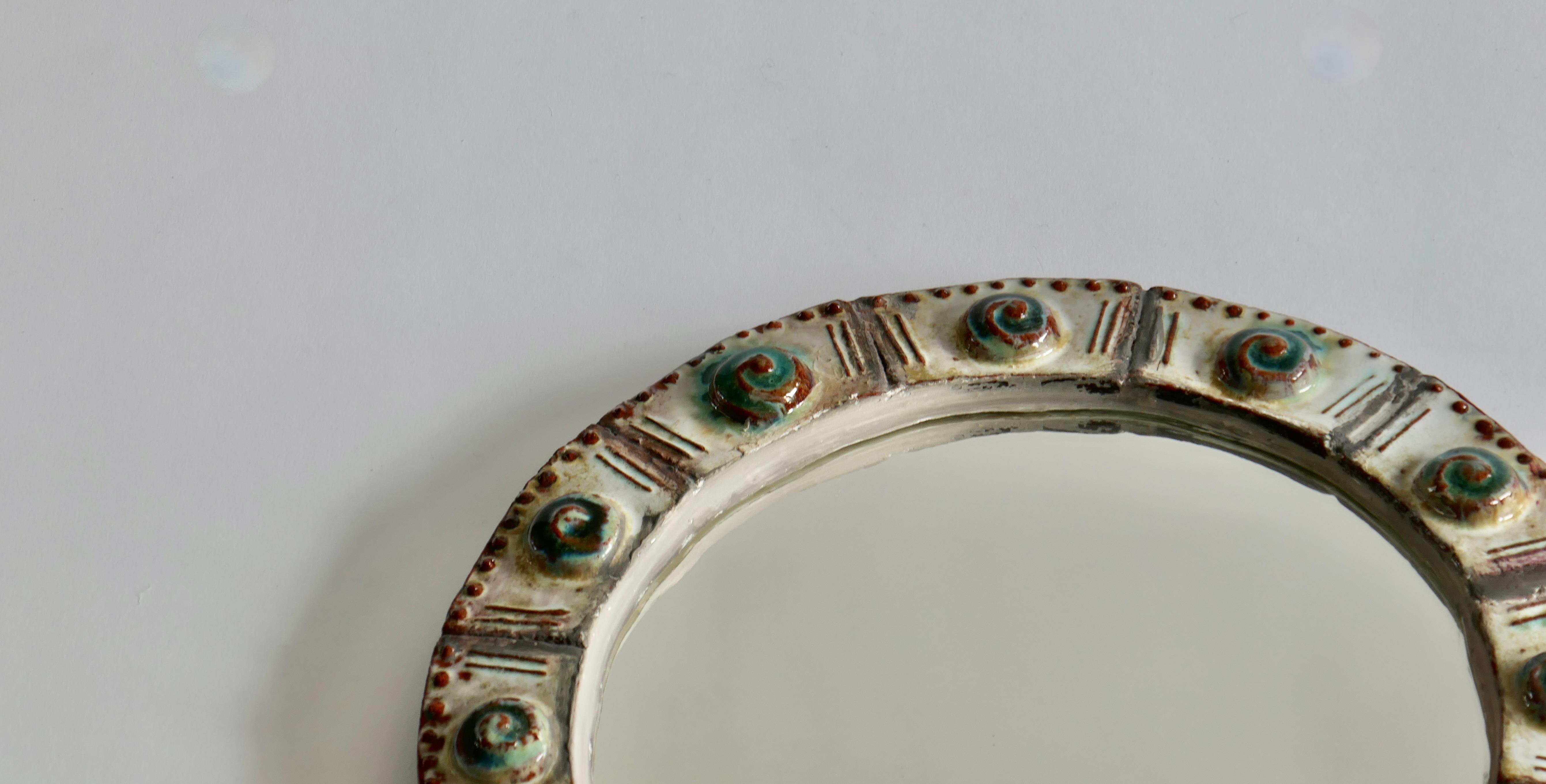 French Small Round Ceramic Frame Mirror, France, 1960s