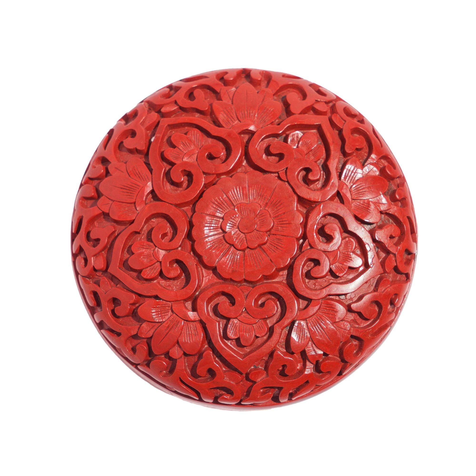Chinese Small round cinnabar box, c. 1950 For Sale