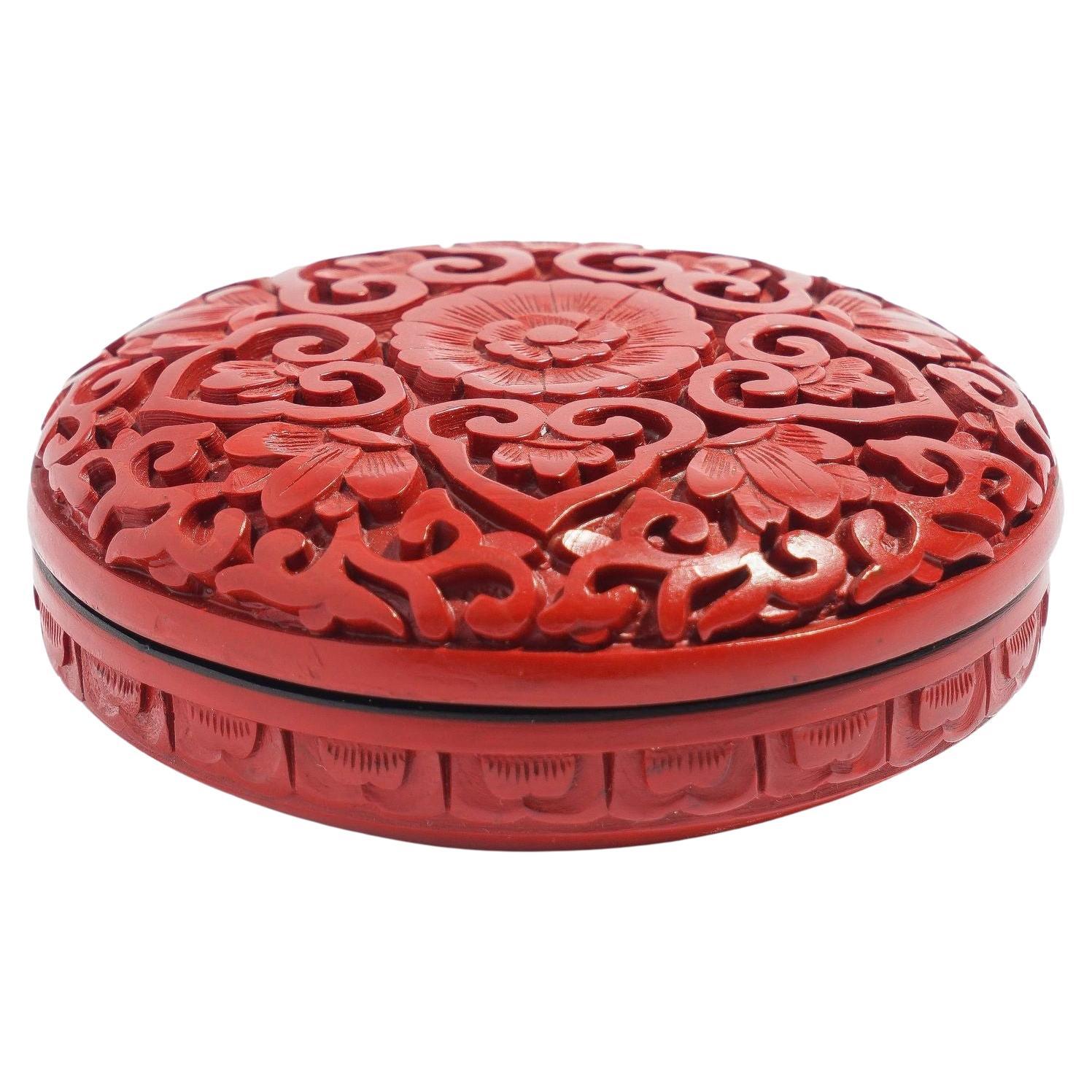 Small round cinnabar box, c. 1950 For Sale