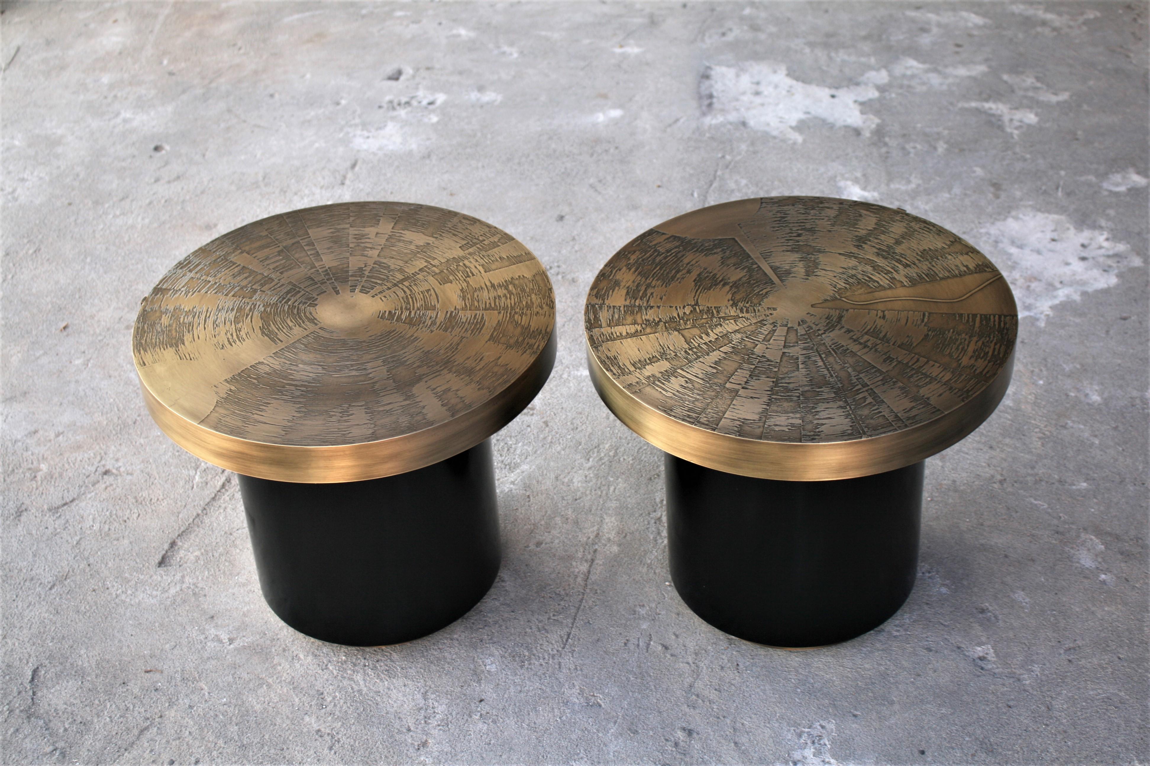Belgian Small Round Coffee Table by Belgali Acid Etched Brass For Sale