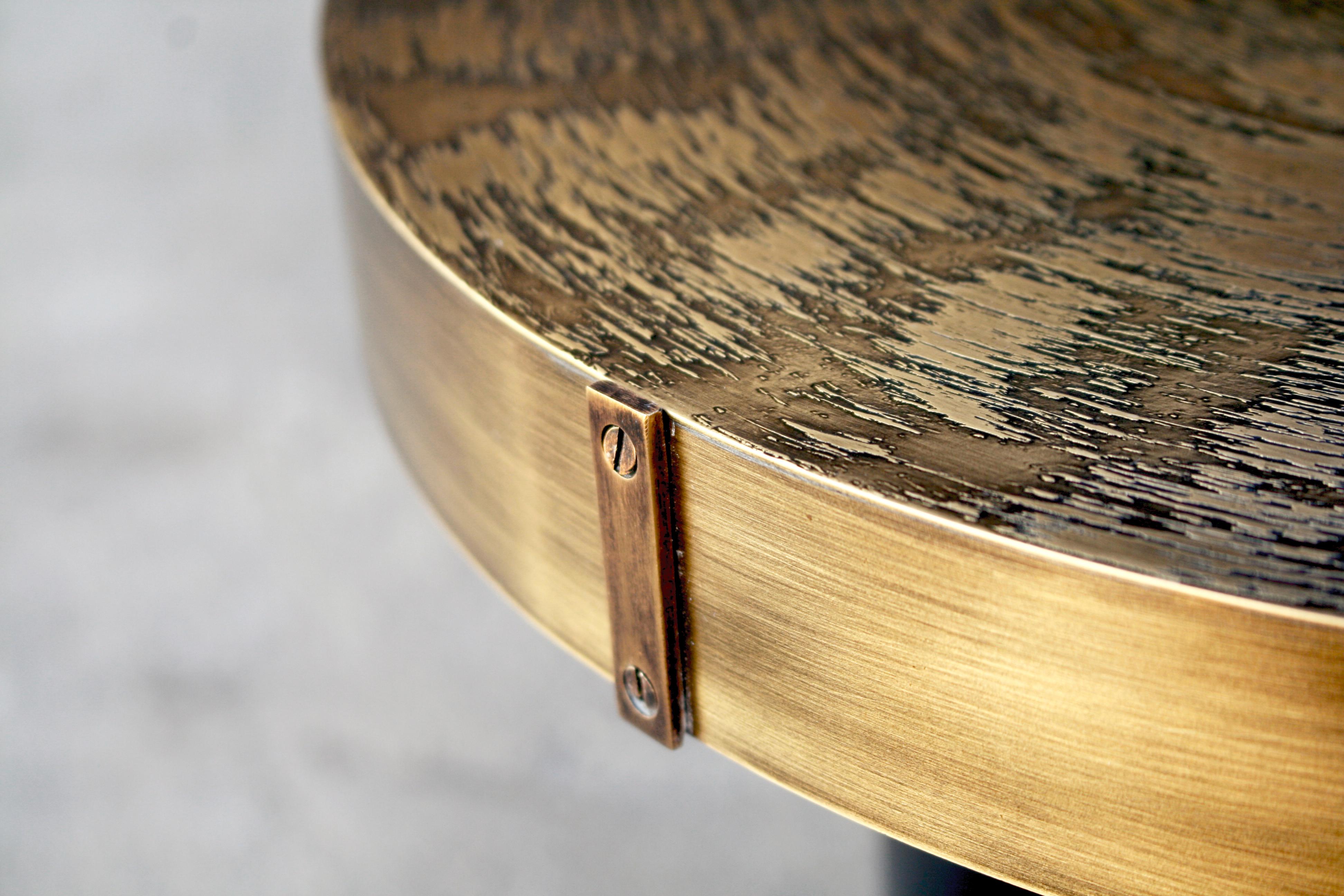 Contemporary Small Round Coffee Table by Belgali Acid Etched Brass For Sale