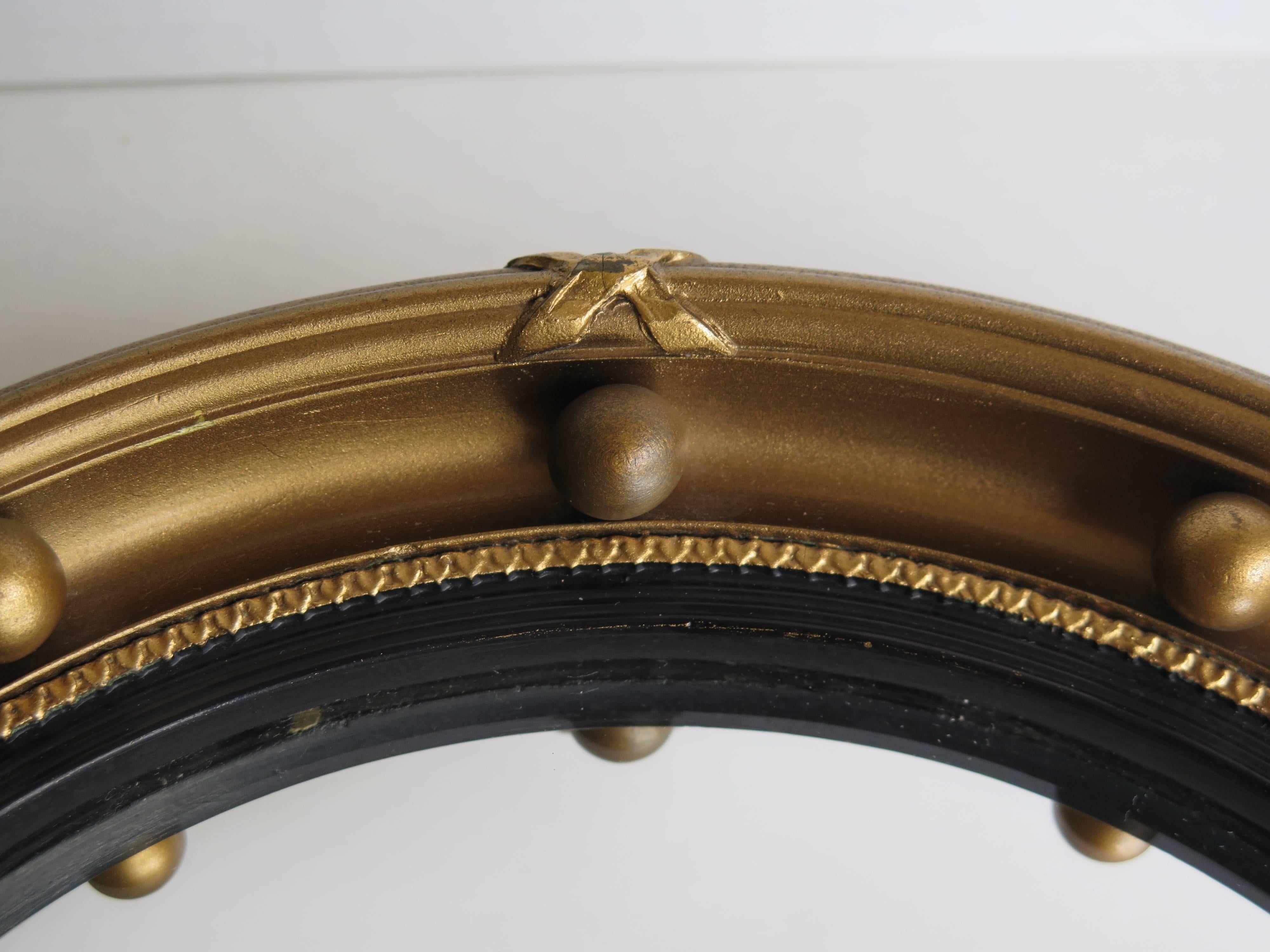 Round Convex Wall Mirror Ribbon and Ball Detail Regency Style 10.5 inch, Ca 1930 2