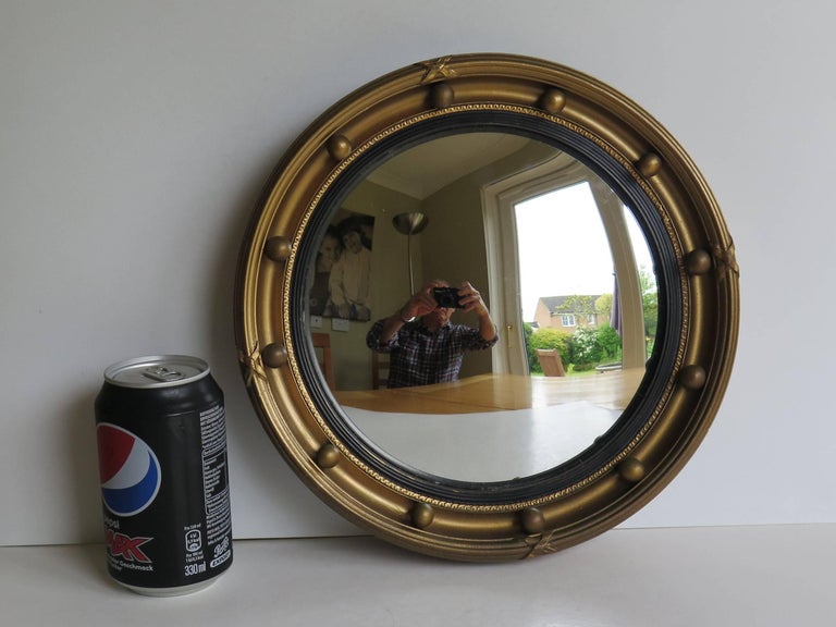 Small Round Convex Wall Mirror, Ribbon and Ball Detail, Regency Style, Ca 1930 For Sale at 1stdibs