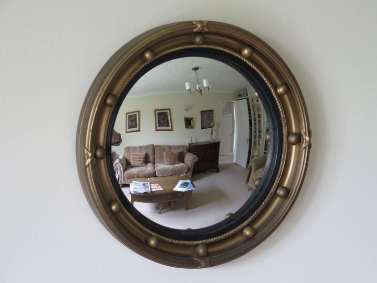 Small Round Convex Wall Mirror, Ribbon and Ball Detail, Regency Style, Ca 1930 For Sale at 1stdibs