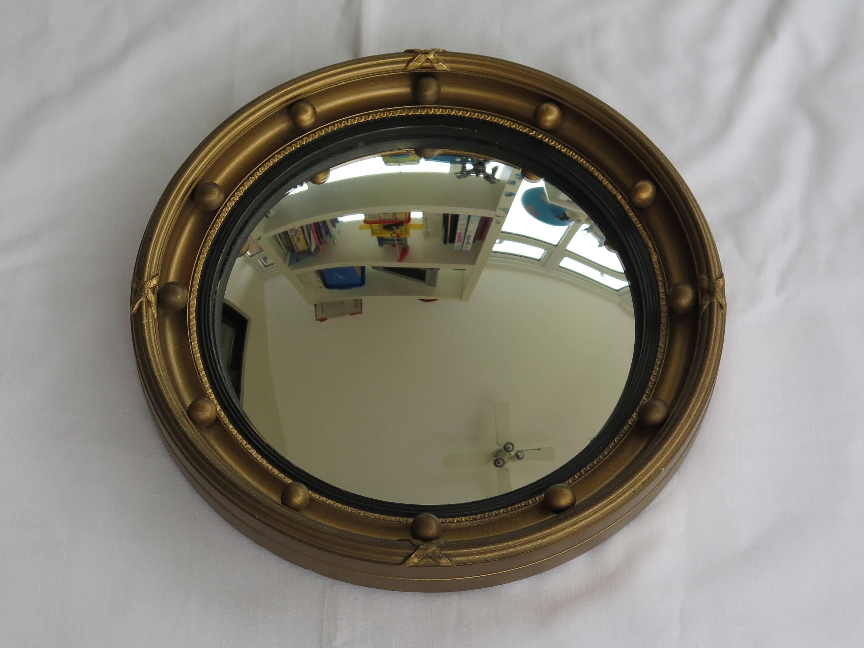 Gilt Round Convex Wall Mirror Ribbon and Ball Detail Regency Style 10.5 inch, Ca 1930