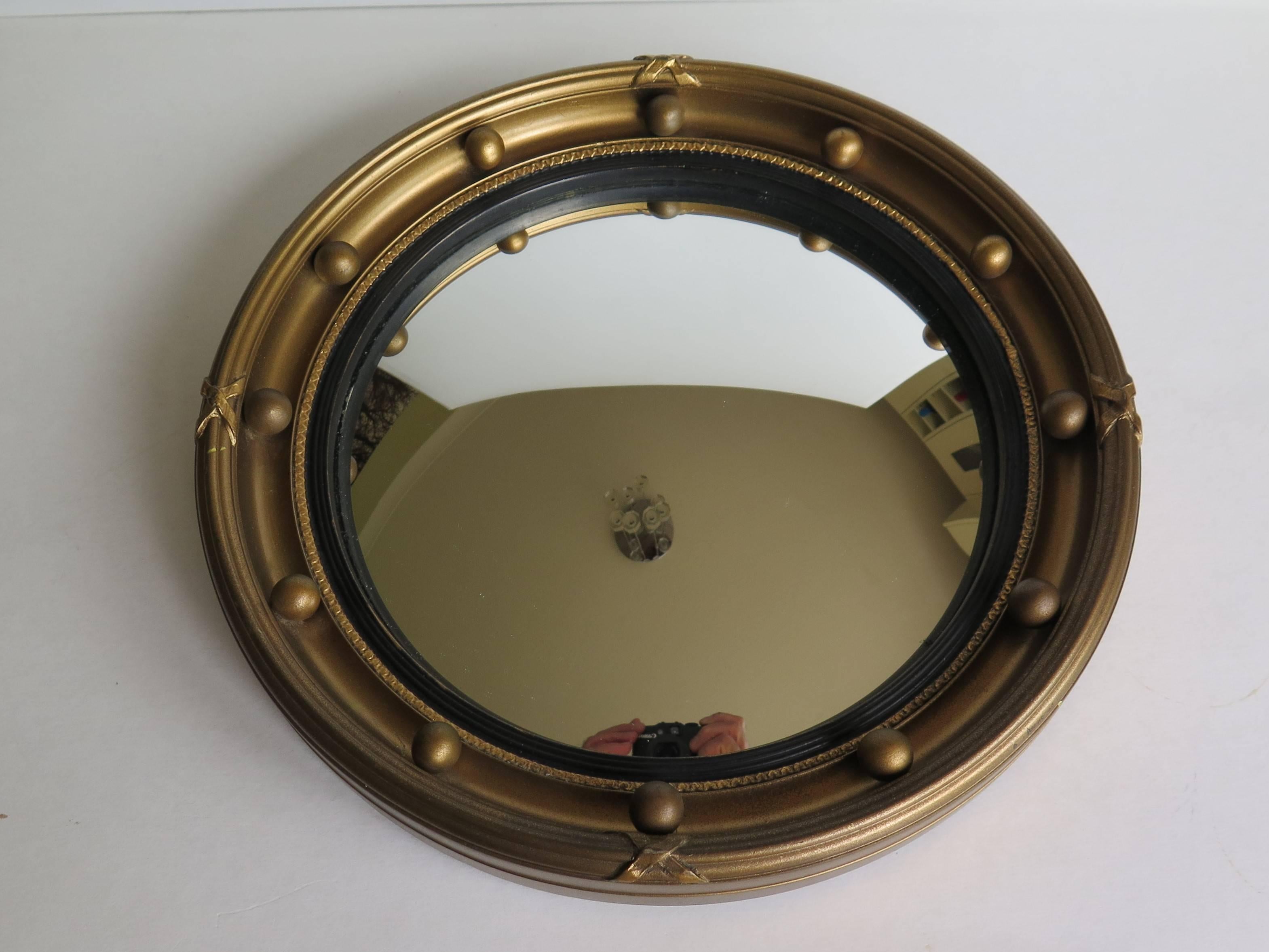 Round Convex Wall Mirror Ribbon and Ball Detail Regency Style 10.5 inch, Ca 1930 In Good Condition In Lincoln, Lincolnshire