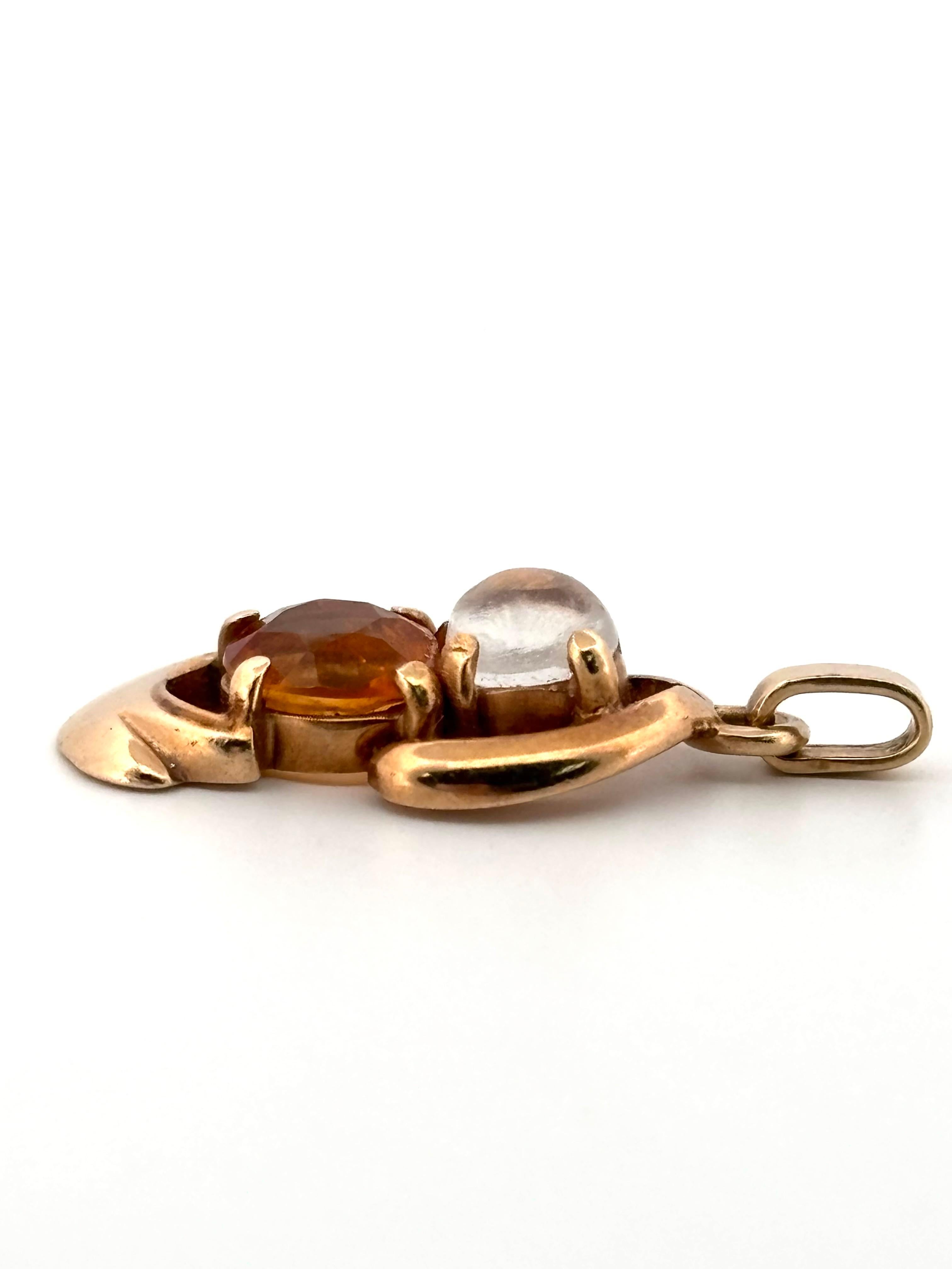 Pendentif en or jaune 14K avec petite citrine et pierre de lune taillée en rond et tourbillonnante en vente 1