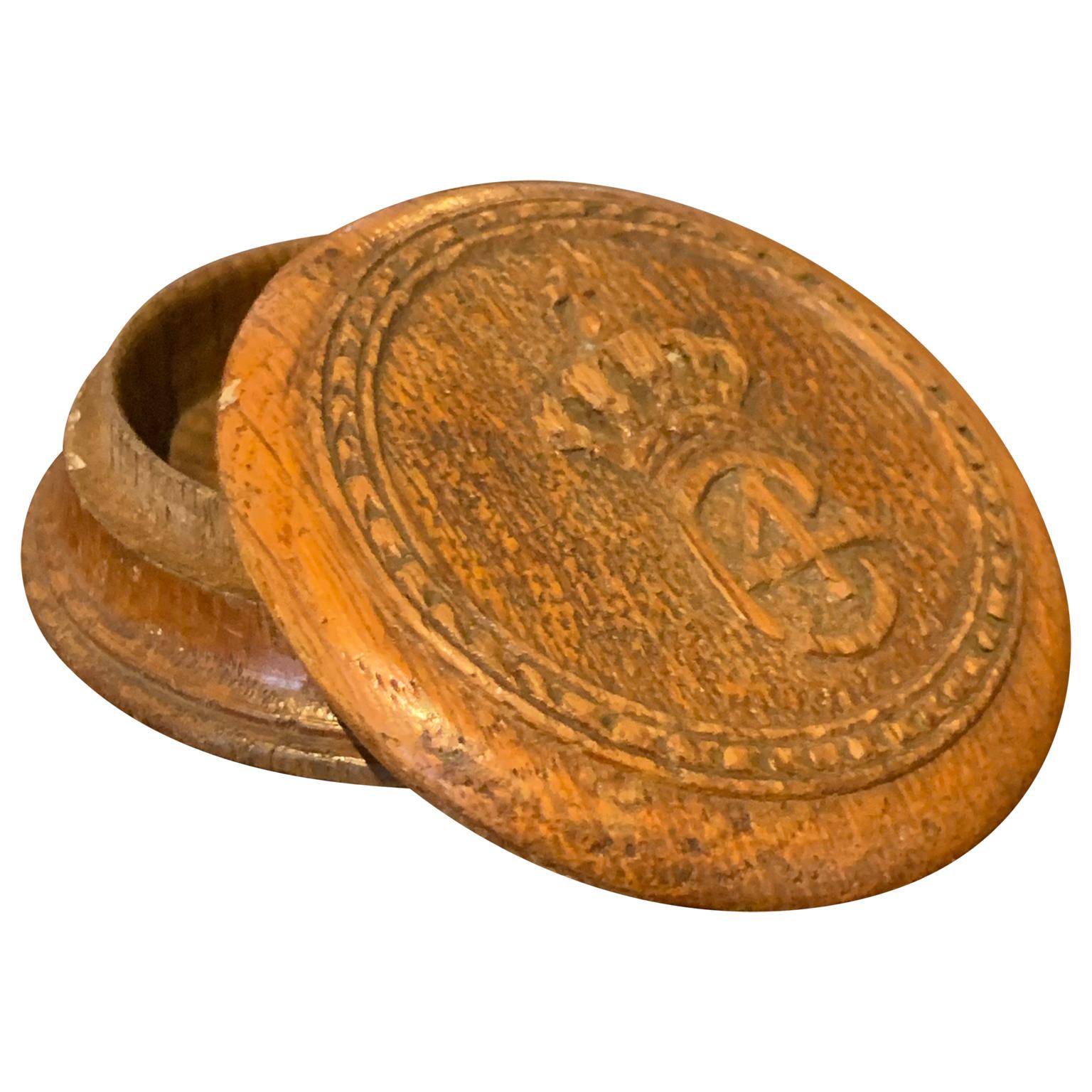 Small round Danish 18th century wooden pillbox or snuffbox with royal King Christian the 4th monogram.
 