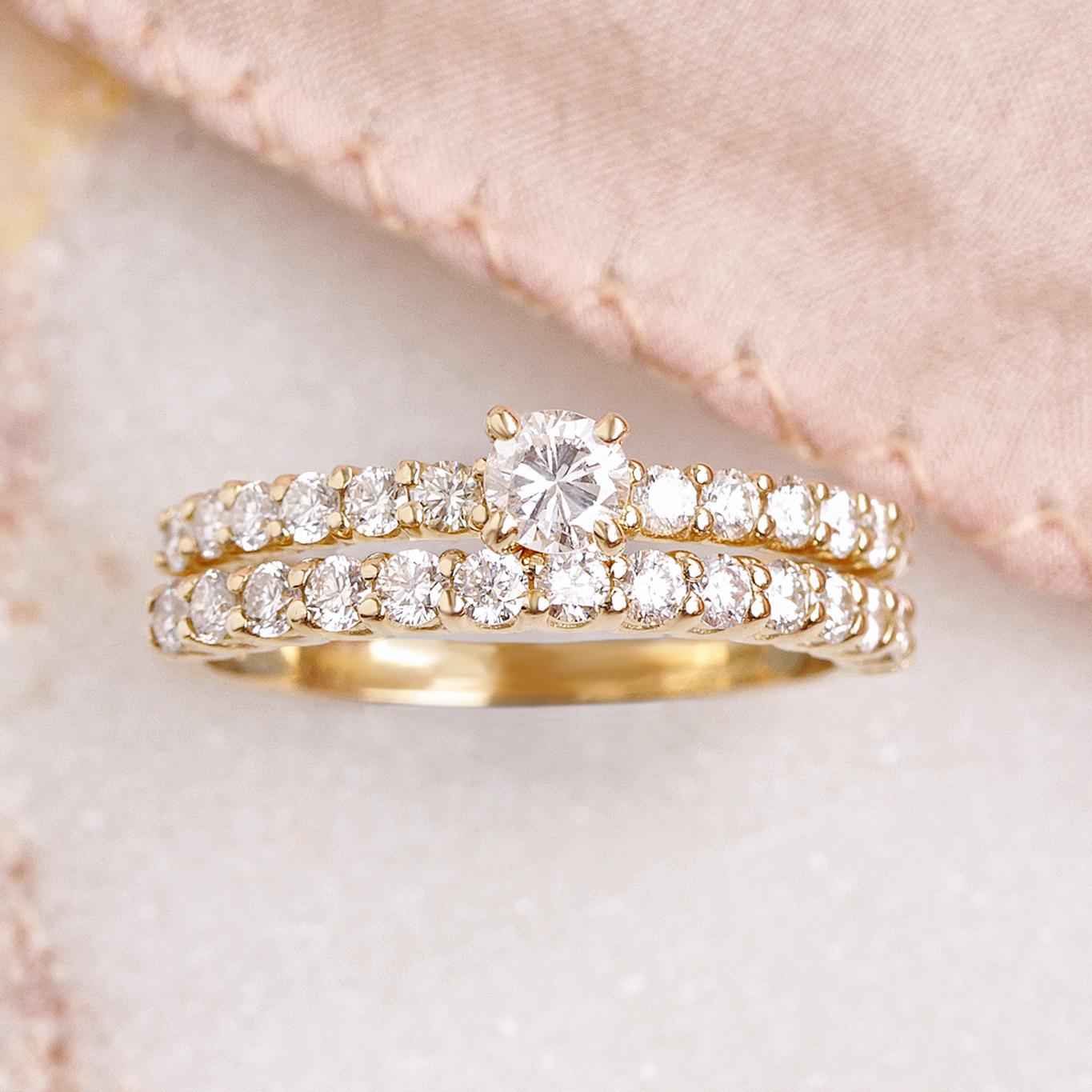 Contemporary Small Round Diamond Pave Band Mimimalist Engagement Two Ring Set Basic For Sale