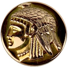 Small Round Egyptian Revival 14 Karat Gold Brooch with Face in Profile