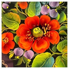 Small Round Hand Painted Metal Tole Serving Tray with Floral Motif