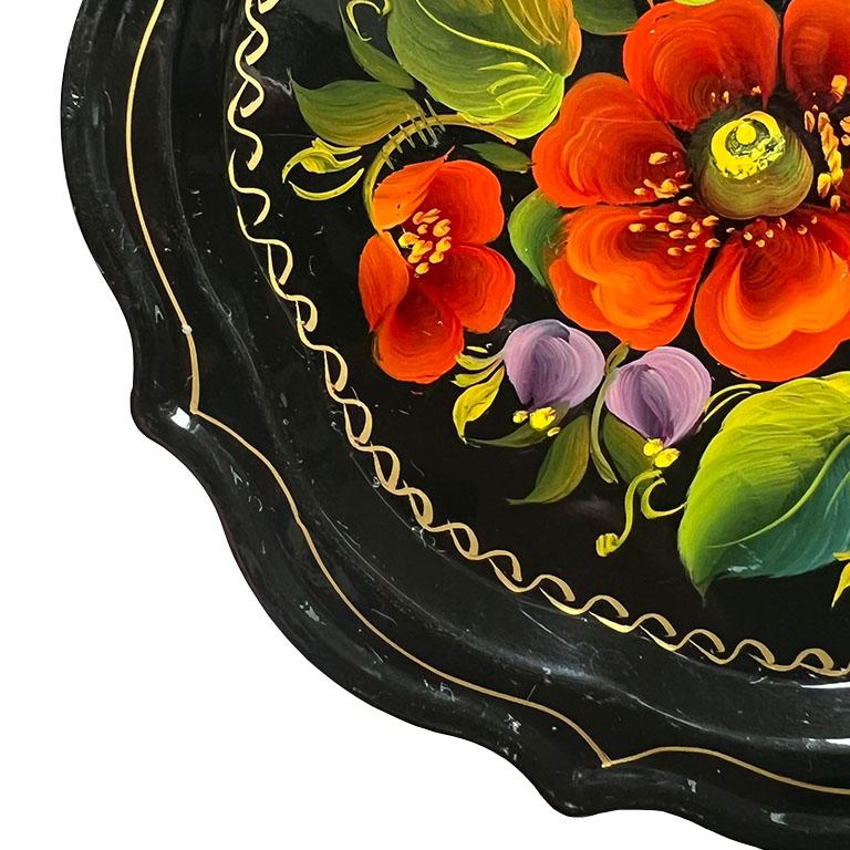 American Small Round Hand Painted Metal Tole Serving Tray with Floral Motif For Sale