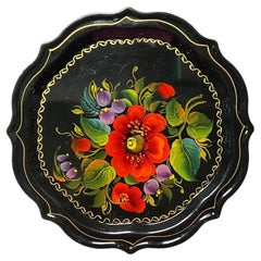 Small Round Hand Painted Metal Tole Serving Tray with Floral Motif