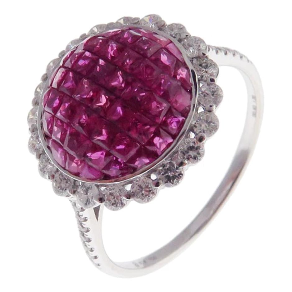 Small Round Invisible Ruby Earring Ring Set In New Condition For Sale In Los Angeles, CA