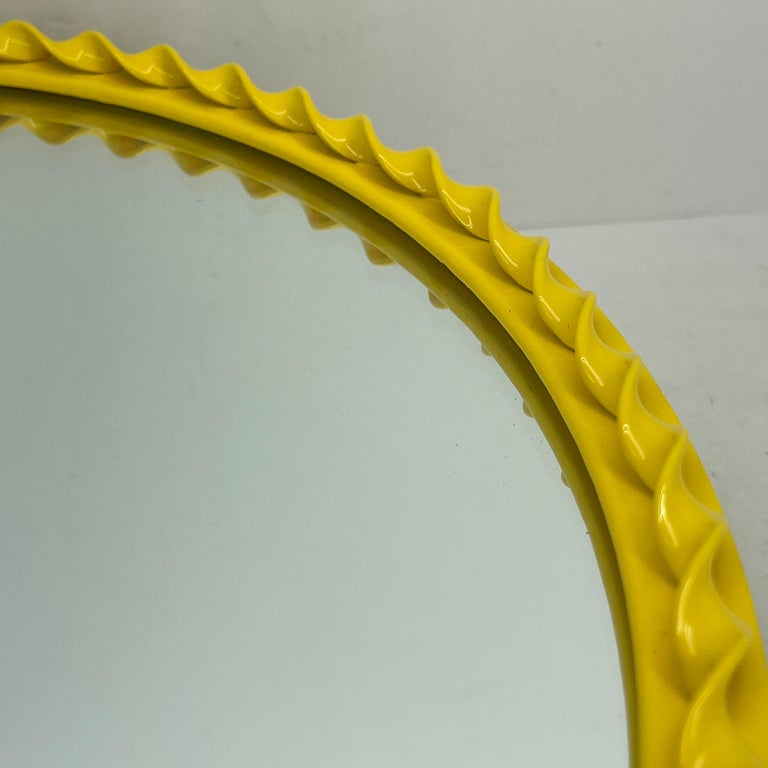 Small Round MidCentury Modern Bright Yellow Wall Mirror, Newly Powder